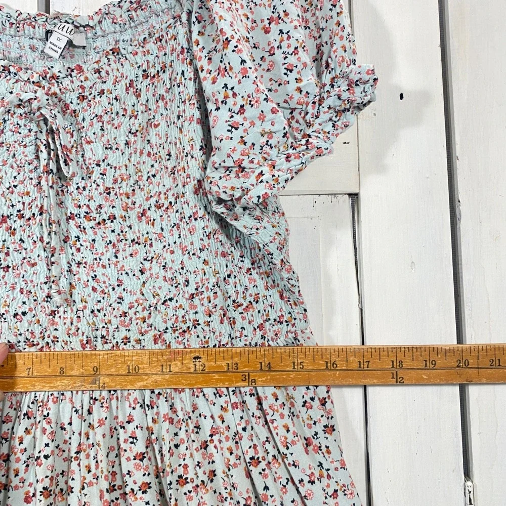 AUW Floral Babydoll Mini Dress Puff Sleeve Pastel Cottagecore Boho Smocked 1X - Picture 6 of 9